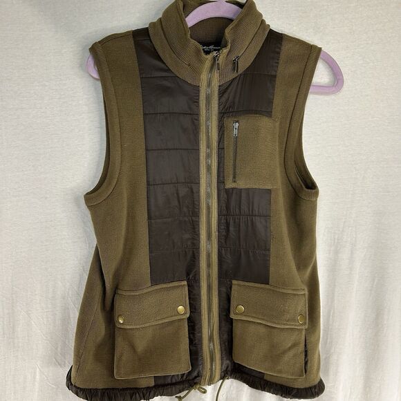 Eddie Bauer Women's Large Green Sweater Vest Military Army Style Full Zip Knit - Picture 1 of 12